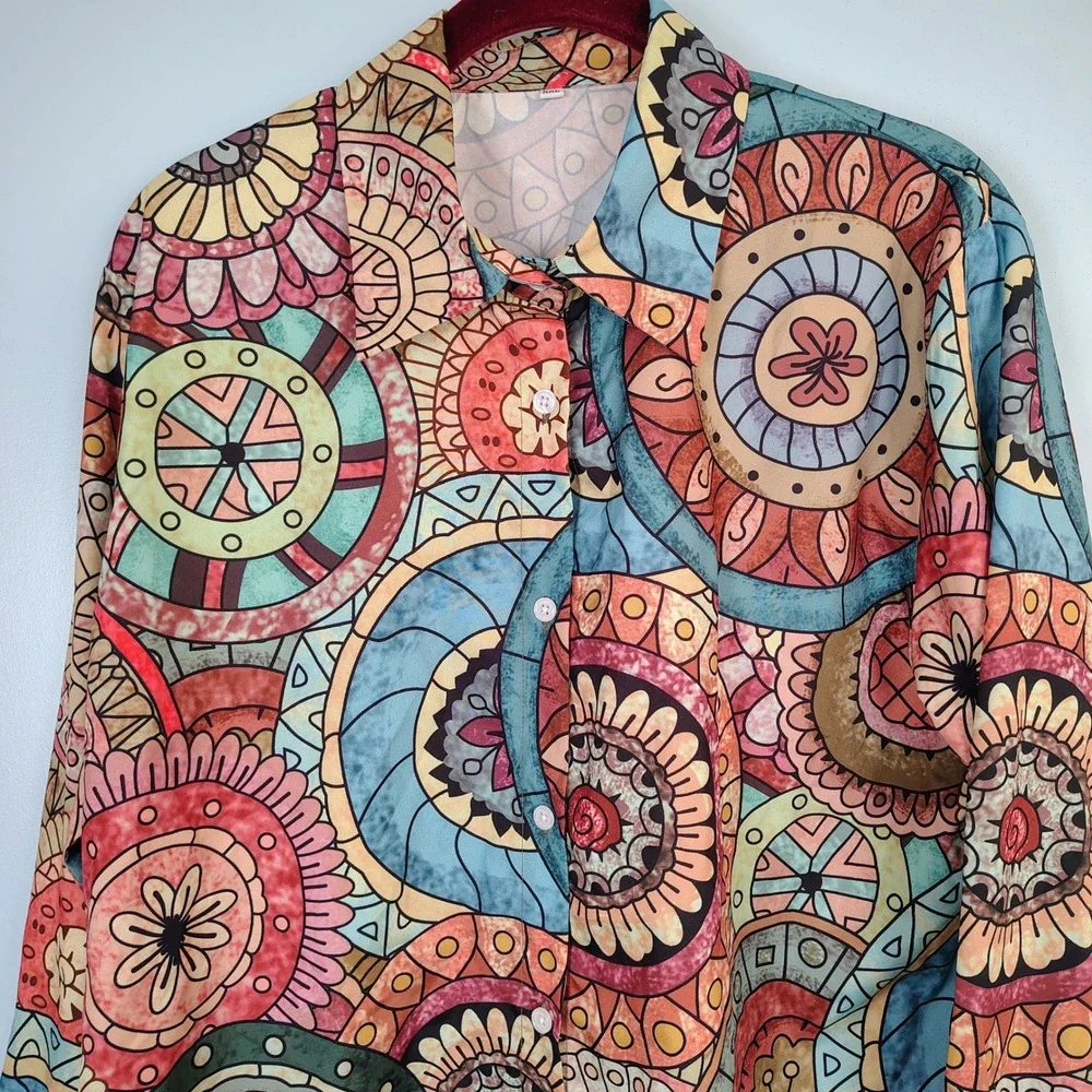 XXL Mandala Geometric Print Button Up Shirt Long Sleeve Multicolor‎ Boho - Picture 3 of 8